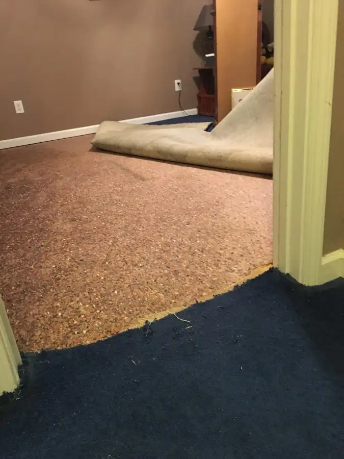 Carpet pad removal revealing water damage during Water Mitigation Services in Grand Rapids